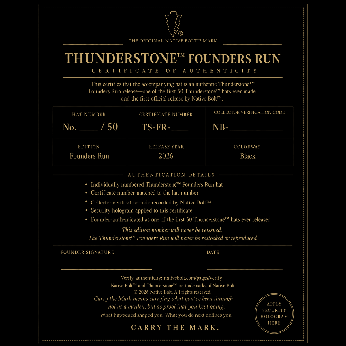 A black and gold Thunderstone Founders Run Certificate of Authenticity card from Native Bolt, featuring product details and authentication text.